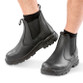 Black leather safety dealer boot with elastic side panel, pull loops and chunky PU sole