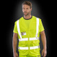 Fluorescent orange mesh hi vis vest with reflective bands, zip front and patch pockets