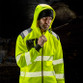Fluorescent orange and black zip through hi vis hoodie with printed reflective bands