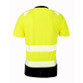 Fluorescent orange hi vis T shirt with black collar, black side panels and printed reflective bands