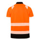 Fluorescent orange hi vis polo shirt with black collar, button placket and printed reflective bands