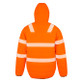 Fluorescent orange padded hi vis jacket with hood, reflective bands and zipped front pockets