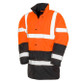 Orange and black 2-tone hi vis coat with reflective bands, storm flap pockets and stand-up collar