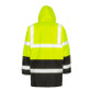 Orange and black 2-tone hi vis coat with reflective bands, storm flap pockets and stand-up collar