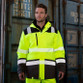 Hi vis orange and black softshell safety coat with hood, safety bands and dark lower panels