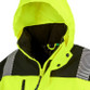 Hi vis orange and black softshell safety coat with hood, safety bands and dark lower panels