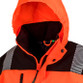 Hi vis orange and black softshell safety coat with hood, safety bands and dark lower panels