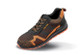 Black and orange knit mesh safety trainer with steel toecap and suede trim, low cut style