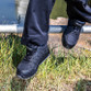 All black safety trainer with steel toecap, leather trim and moulded toe scuff cap