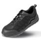 All black safety trainer with steel toecap, leather trim and moulded toe scuff cap