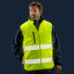 Reversible padded gilet in hi vis orange with reflective bands, navy reverse and stand up collar