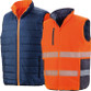 Reversible padded gilet in hi vis orange with reflective bands, navy reverse and stand up collar