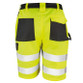 Hi vis yellow cargo work shorts with reflective bands, black panels and side cargo pocket