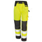 Hi vis orange cargo work trousers with wide reflective bands, knee pad pockets and dark panels