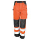Hi vis orange cargo work trousers with wide reflective bands, knee pad pockets and dark panels