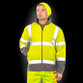 Hi vis yellow microfleece jacket with grey panels, reflective bands and stand up collar