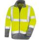 Hi vis yellow microfleece jacket with grey panels, reflective bands and stand up collar