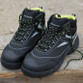 Black and silver nubuck leather safety boot with lime green trim, padded ankle and steel toecap