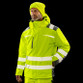 Hi vis yellow hooded softshell safety coat with printed safety bands and zip through collar