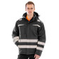 Hi vis yellow hooded softshell safety coat with printed safety bands and zip through collar
