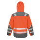 Hi vis yellow hooded softshell safety coat with printed safety bands and zip through collar