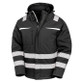 Hi vis yellow hooded softshell safety coat with printed safety bands and zip through collar