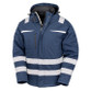 Hi vis yellow hooded softshell safety coat with printed safety bands and zip through collar