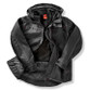 Black denim texture waterproof work jacket with hood, stand up collar and zipped pockets