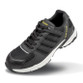 Black and grey lightweight safety trainer with mesh upper, scuff cap and reflective detail
