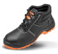 Black leather steel toe cap safety shoe with laces, padded collar and a dual density sole