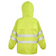 Fluorescent yellow waterproof jacket and trousers with reflective bands and a hood in the collar