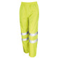 Fluorescent yellow waterproof jacket and trousers with reflective bands and a hood in the collar