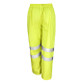 Fluorescent yellow waterproof jacket and trousers with reflective bands and a hood in the collar