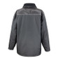 Black padded long work coat with zip-off hood, patch pockets and a zipped chest pocket
