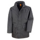 Black waterproof managers jacket with stud storm flap, front pockets and a stand-up collar