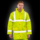 Fluorescent long padded hi vis coat with reflective tapes, storm flap pockets and a foldaway hood