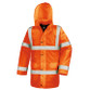 Fluorescent long padded hi vis coat with reflective tapes, storm flap pockets and a foldaway hood