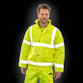 Fluorescent padded hi vis winter jacket with reflective tapes, storm flap pockets and hood collar