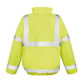 Fluorescent padded hi vis winter jacket with reflective tapes, storm flap pockets and hood collar