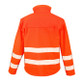 Fluorescent hi vis softshell jacket with reflective tape round the body and sleeves and zip collar