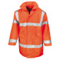 Fluorescent padded hi vis coat with reflective bands on body, sleeves and shoulders and zip front