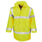 Fluorescent padded hi vis coat with reflective bands on body, sleeves and shoulders and zip front