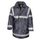 Dark padded work coat with sewn-on reflective tapes, stud closing storm flap and front pockets