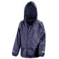 Child's navy waterproof rain jacket with full zip, storm flap and hood hidden in the collar