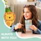 Girl smiling with a sheet of Easy2Name theme with icon name stickers