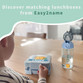 Child at a table with a personalised lunch box named Leon and a matching water bottle