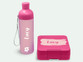 Pink personalised 600 ml drinking bottle named Lucy with a matching pink lunch box