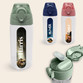 Three personalised kids water bottles, 450 ml, with real world pictures and the names Harris, Oliver and Grace, Harris with a dinosaur