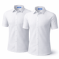 This image displays a twin pack of Ayra girls’ short sleeve school blouses in bright white, photographed against a clean white background. Both blouses are shown without a chest pocket for a sleeker, regulation-compliant design. Featuring a classic collar and button-through front, these non-iron shirts are ideal for schoolwear, offering a polished look with minimal maintenance. The twin pack presentation highlights value and consistency in school uniform essentials.