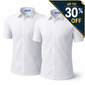 Twin pack of Ayra girls’ short sleeve school blouses in bright white, photographed against a clean white background. Both blouses are shown without a chest pocket for a sleeker, regulation-compliant design. Featuring a classic collar and button-through front, these non-iron shirts are ideal for schoolwear, offering a polished look with minimal maintenance. The twin pack presentation highlights value and consistency in school uniform essentials.
